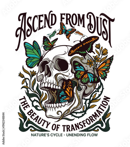 Artistic skull surrounded by colorful butterflies and foliage symbolizing transformation and life cycles Best Selling T-shirt Design