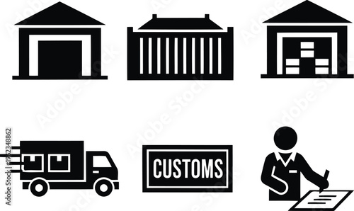 Logistics and Customs Icons Set for Warehouse, Shipping, Delivery, and Import Export Services