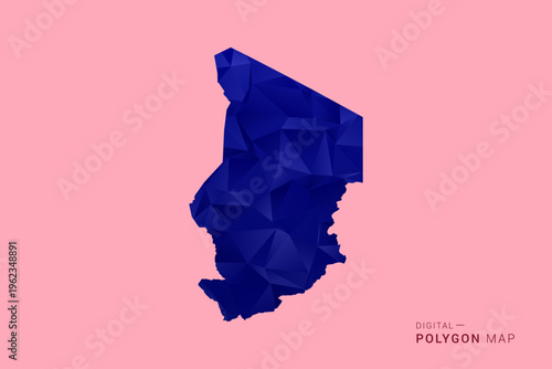 Chad Map - Low poly polygon map in deep blue gradient on soft pink pastel background, modern minimal geometric design, clean digital vector illustration.