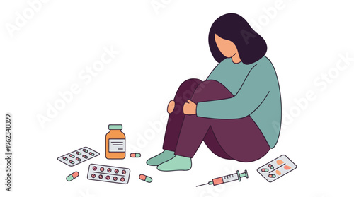Sad woman surrounded by medication and syringe, depicting addiction or depression