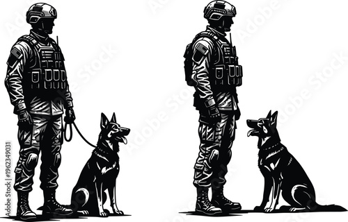 Military handlers with dogs, German Shepherd silhouettes, tactical gear, service animals, discipline training, teamwork bond, defense operation, alert readiness, partnership