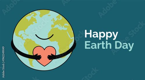 Happy Earth Day illustration with a smiling planet Earth hugging a heart