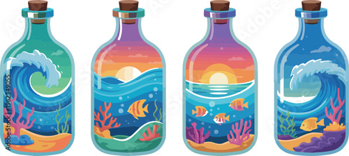 Bottles filled with colorful underwater scenes, coral reefs, fish, and ocean waves, illustrating marine life.