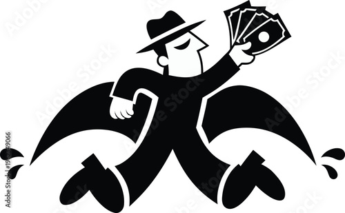 Stylized black silhouette of a secret agent or thief in a hat running while holding a fan of money banknotes, representing crime, mystery, or secret deals.