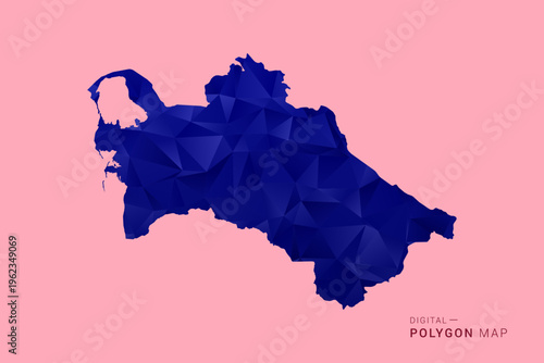 Turkmenistan Map - Low poly polygon map in deep blue gradient on soft pink pastel background, modern minimal geometric design, clean digital vector illustration.