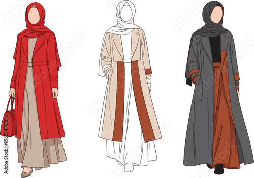 Modern Muslim Women Wearing Stylish Abaya and Hijab with Elegant Outerwear Fashion Looks, Modest Clothing Female Character Vector Illustration Set
