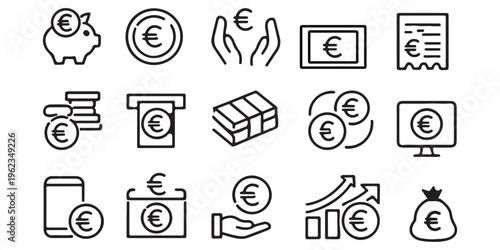 Finance and banking line icon set featuring ATM, credit card, money growth, wallet, investment and financial management symbols