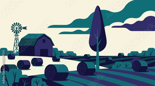 Stylized rural farm landscape illustration with barn, windmill, and hay bales