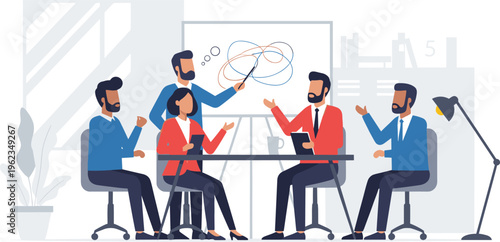 Diverse business team in collaborative meeting with creative brainstorming in modern office with flat design for corporate website