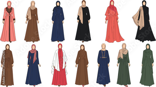 Muslim Women Abaya and Hijab Fashion Collection Featuring Modest Islamic Clothing Styles in Various Colors Elegant Female Character Vector Set