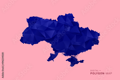 Ukraine Map - Low poly polygon map in deep blue gradient on soft pink pastel background, modern minimal geometric design, clean digital vector illustration.