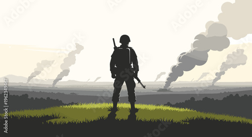 Silhouette of a man standing on a grassy hill with a rifle slung over his shoulder looking out at a hazy industrial landscape with smokestacks emitting smoke.