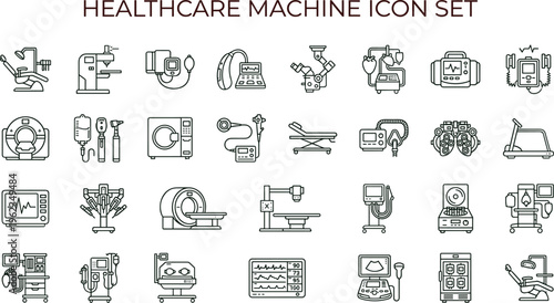 Healthcare machine outline icon set with medical diagnostic imaging monitoring equipment symbols for hospital apps dashboards interfaces presentations education materials