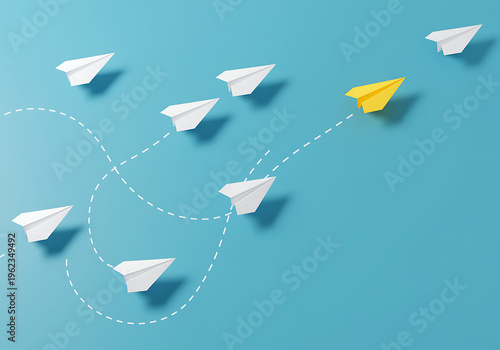 Group of white paper airplanes following leader yellow plane on dotted line trail