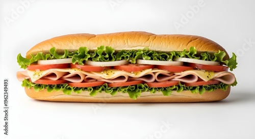 Fresh Deli Sub Sandwich with Turkey, Cheese, Lettuce, Tomato, and Onion on White Background