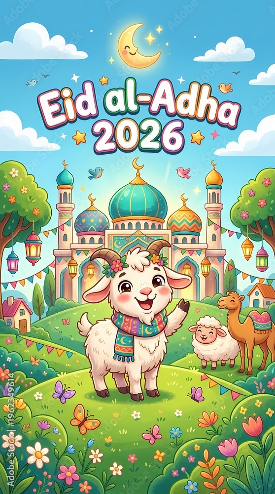 Fototapeta premium Cute Cartoon Goat Celebrating Eid al-Adha 2026 in Front of a Colorful Mosque