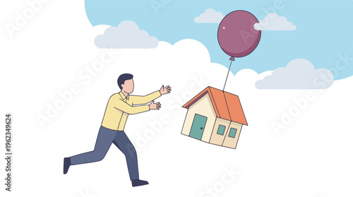 Man reaching for house floating away with balloon, illustrating loss or aspiration