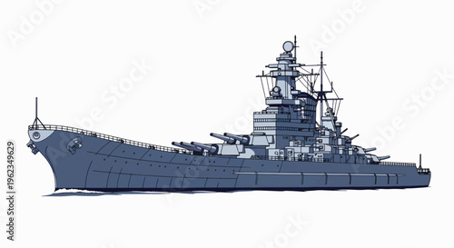 Gray battleship with multiple gun turrets and masts on a white background, showcasing naval military design and structure.