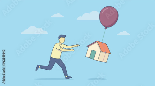 Man reaching for a house floating away with a red balloon in the sky