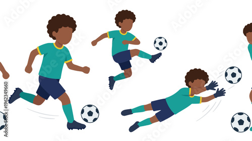 Young boy playing soccer, running, kicking, and diving, vector illustration