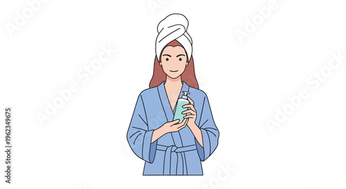 Woman in blue bathrobe holding skincare bottle in minimalist flat illustration for beauty product advertising