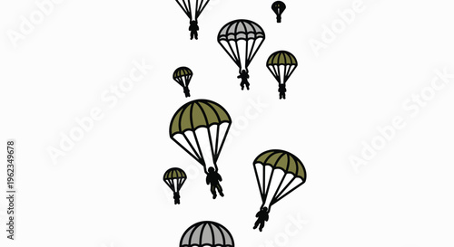 Illustration of multiple parachuters descending from the sky with green and black parachutes against a white background.