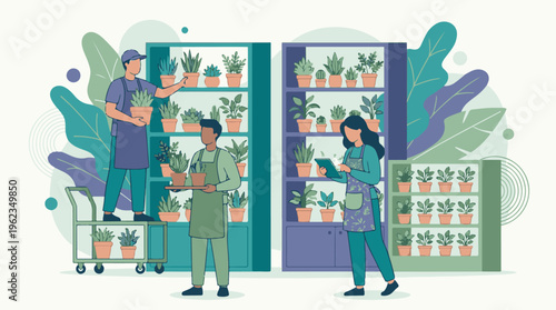 Employees caring for and organizing potted plants in a modern garden shop