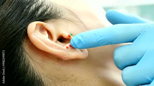 auricular acupuncture treatment shows ear points with a gloved practitioner or clinical ear acupuncture procedure demonstrates colored ear points with precision tools