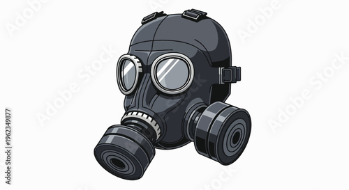 A black gas mask with round filters on either side and a clear visor, set against a plain white background in a digital illustration.