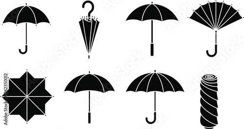 Black and white umbrella icon set featuring various silhouettes of open folded and top view parasols with curved handles for rain weather and protection