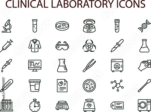 Clinical laboratory outline icon set with medical diagnostics microbiology testing equipment symbols for healthcare apps dashboards interfaces presentations education materials