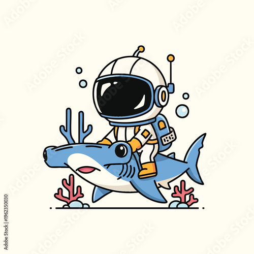 A cartoon astronaut in a space suit rides a blue shark with teeth. They are over an underwater scene. Bubbles and coral