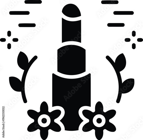 Black and white lipstick icon with floral decorative elements for beauty and cosmetics branding