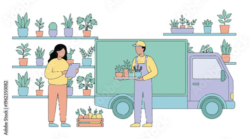 Florist and delivery driver preparing plants for shipment from a local shop