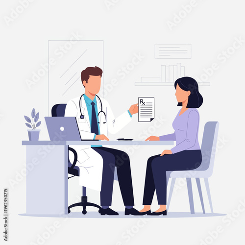 Doctor giving prescription to patient in clinic, medical consultation, healthcare concept