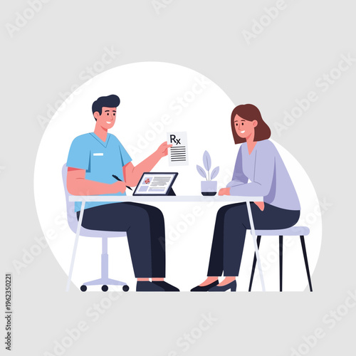 Doctor prescribing medication to patient in clinic, medical consultation, healthcare concept