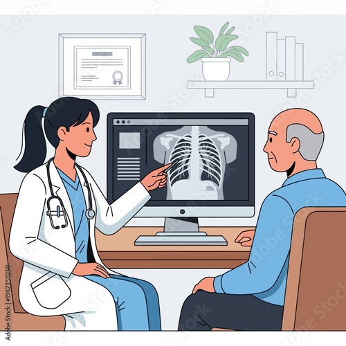 Doctor showing chest x-ray to elderly patient on computer screen in clinic