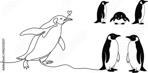 Penguin Character Vector Set with Cute Love Pose Couple Illustration Black and White Line Art and Flat Cartoon Antarctic Animal Collection