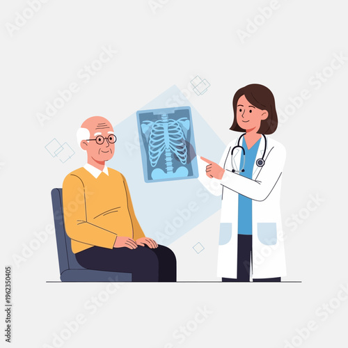 Doctor showing X-ray to elderly patient, medical consultation, healthcare concept