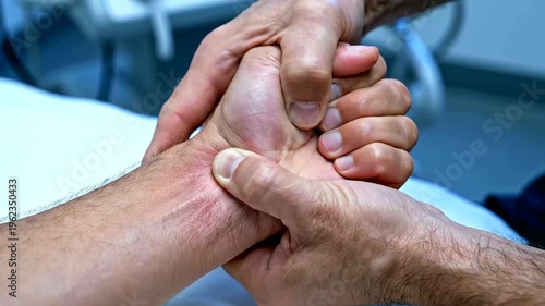 hand acupressure massage performed in clinical setting closeup or wrist acupressure therapy performed in medical clinic closeup