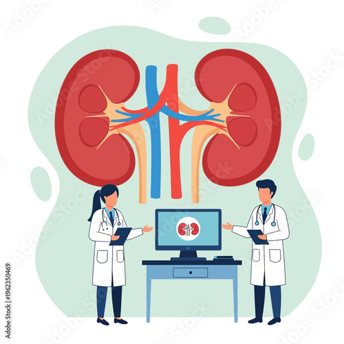 Doctors analyzing kidney health on computer screen with anatomical illustration