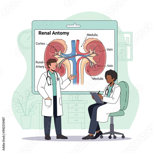 Doctors discussing renal anatomy diagram on a screen, medical education and healthcare concept