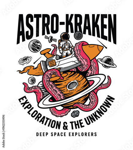 Astronaut interacting with giant kraken tentacles around planets and rocket ship in deep space exploration concept Best Selling T-shirt Design
