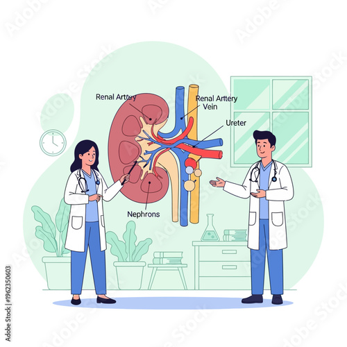 Doctors explaining kidney anatomy, renal artery, vein, ureter, and nephrons in a medical illustration.