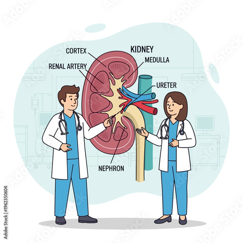 Doctors explaining kidney anatomy with diagram: cortex, medulla, nephron, ureter, renal artery