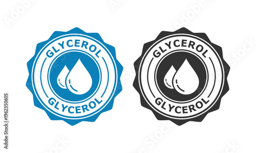 glycerol icon featuring a liquid drop symbol inside a jagged badge, perfect for skincare, chemical, pharmaceutical, and cosmetic product labeling or branding.