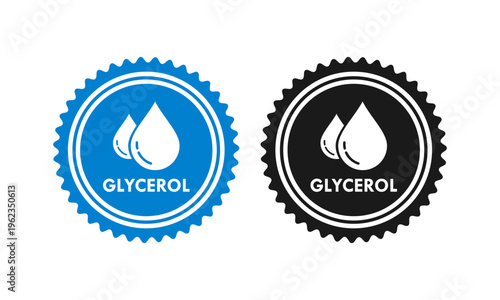 glycerol icon featuring a liquid drop symbol inside a jagged badge, perfect for skincare, chemical, pharmaceutical, and cosmetic product labeling or branding.