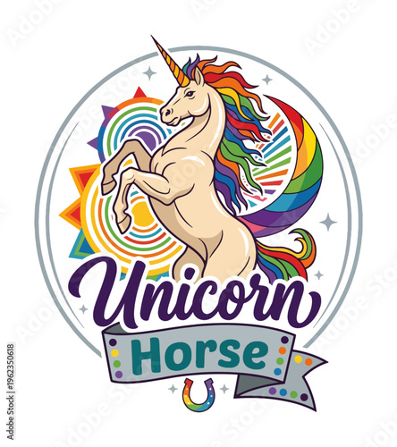 Magical beige unicorn with rainbow mane and tail standing prancing on hind legs Best Selling T-shirt Design