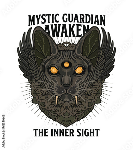 Mystic guardian awaken inner sight with a threeeyed cat wearing wings and ornate details Best Selling T-shirt Design