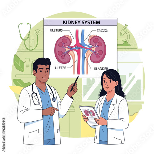 Doctors explaining kidney system anatomy with diagram in clinic